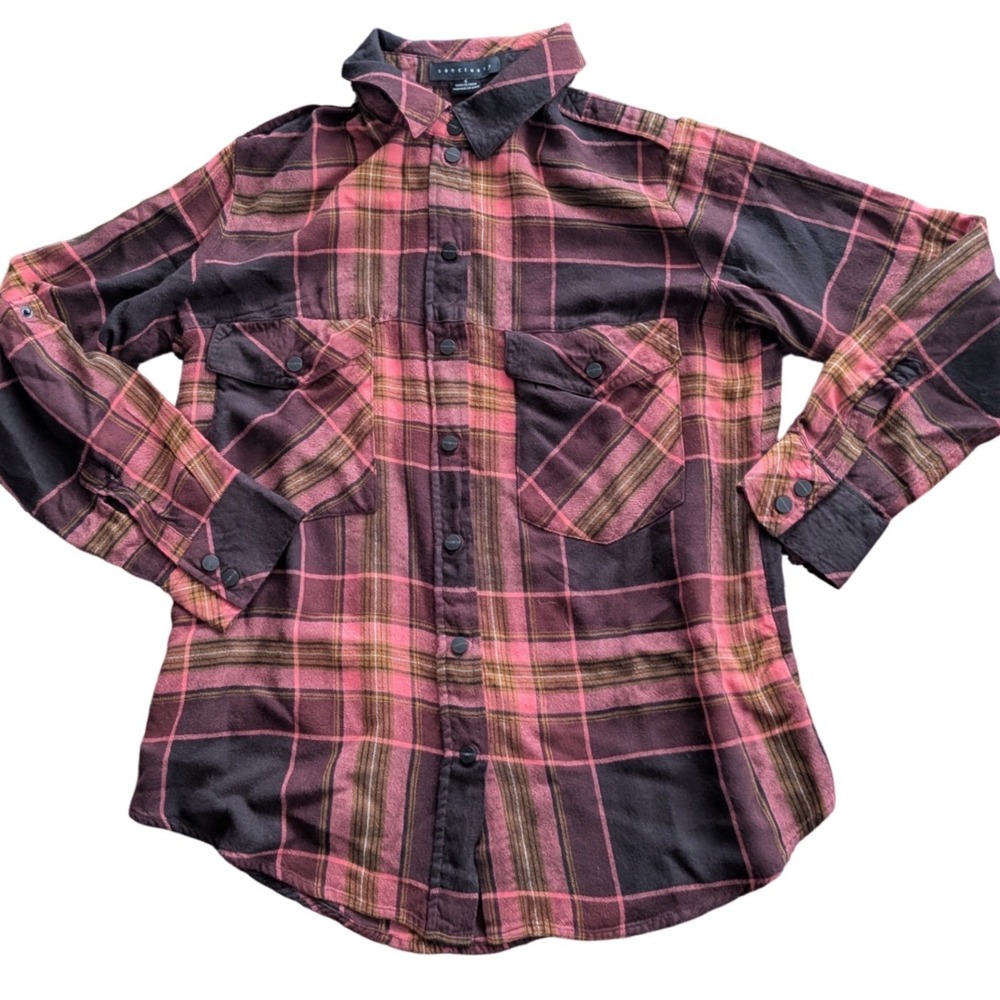 SANCTUARY Plaid Button Front Shirt Rayon Wmns SMALL Cabin Soft Cozy Grunge Fall